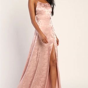 LuLus Dusty Pink Floral Satin Slit Dress